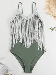 Fringe Trim One Piece Swimsuit - Army Green - View 1