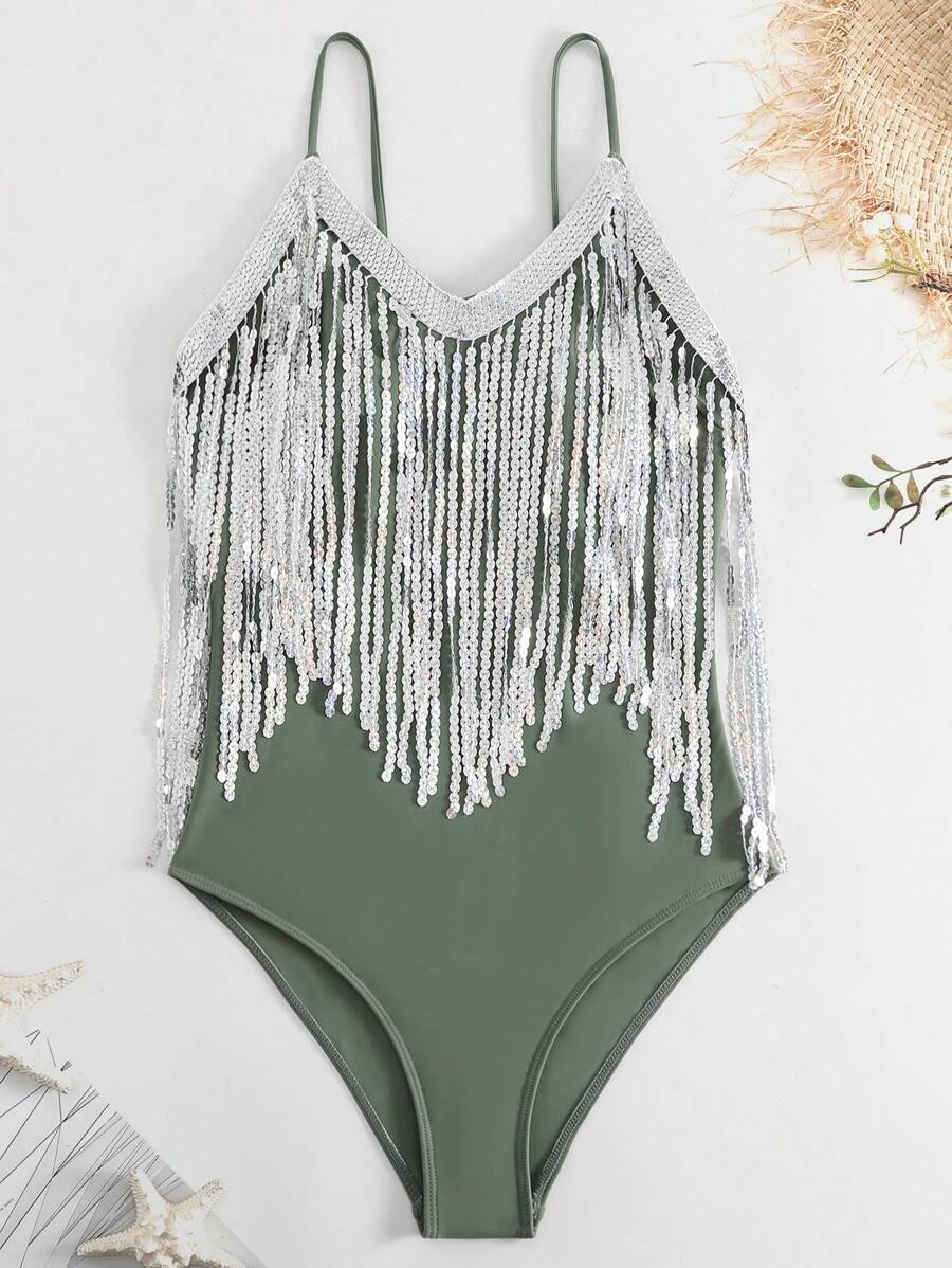 Fringe Trim One Piece Swimsuit - Army Green - View 1