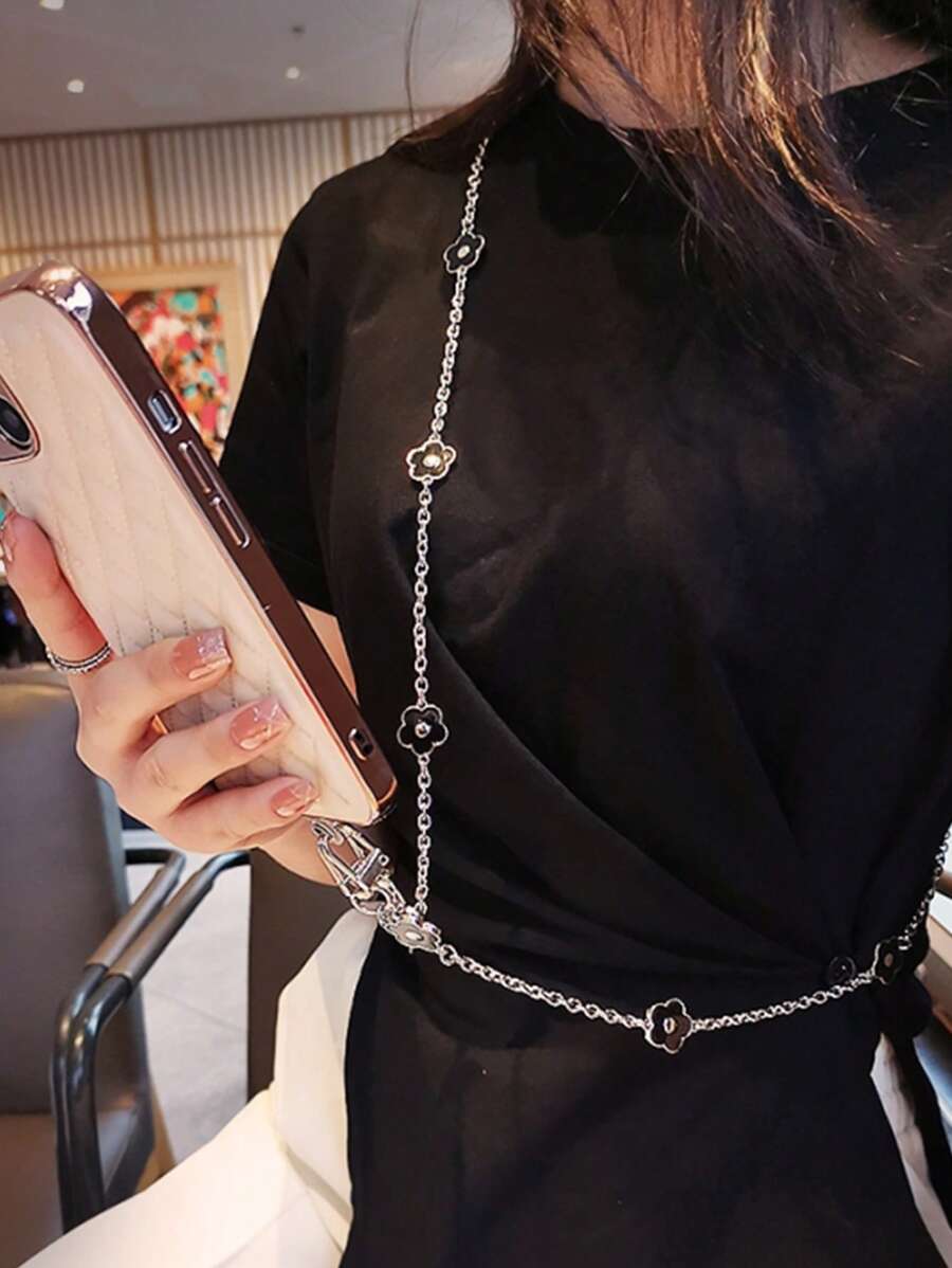 花朵裝飾鏈條手機掛繩 - 黑色 - 查看 1