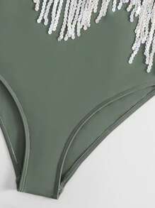 Fringe Trim One Piece Swimsuit - Army Green - View 3