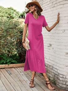 SHEIN LUNE Solid Split Hem Tee Dress - Hot Pink - View 6