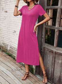 SHEIN LUNE Solid Split Hem Tee Dress - Hot Pink - View 7