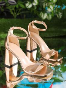 Xăng đan có dây đeo mắt cá chân có gót kim loại Chunky cho nữ, Xăng đan quyến rũ - Vàng - Xem 4