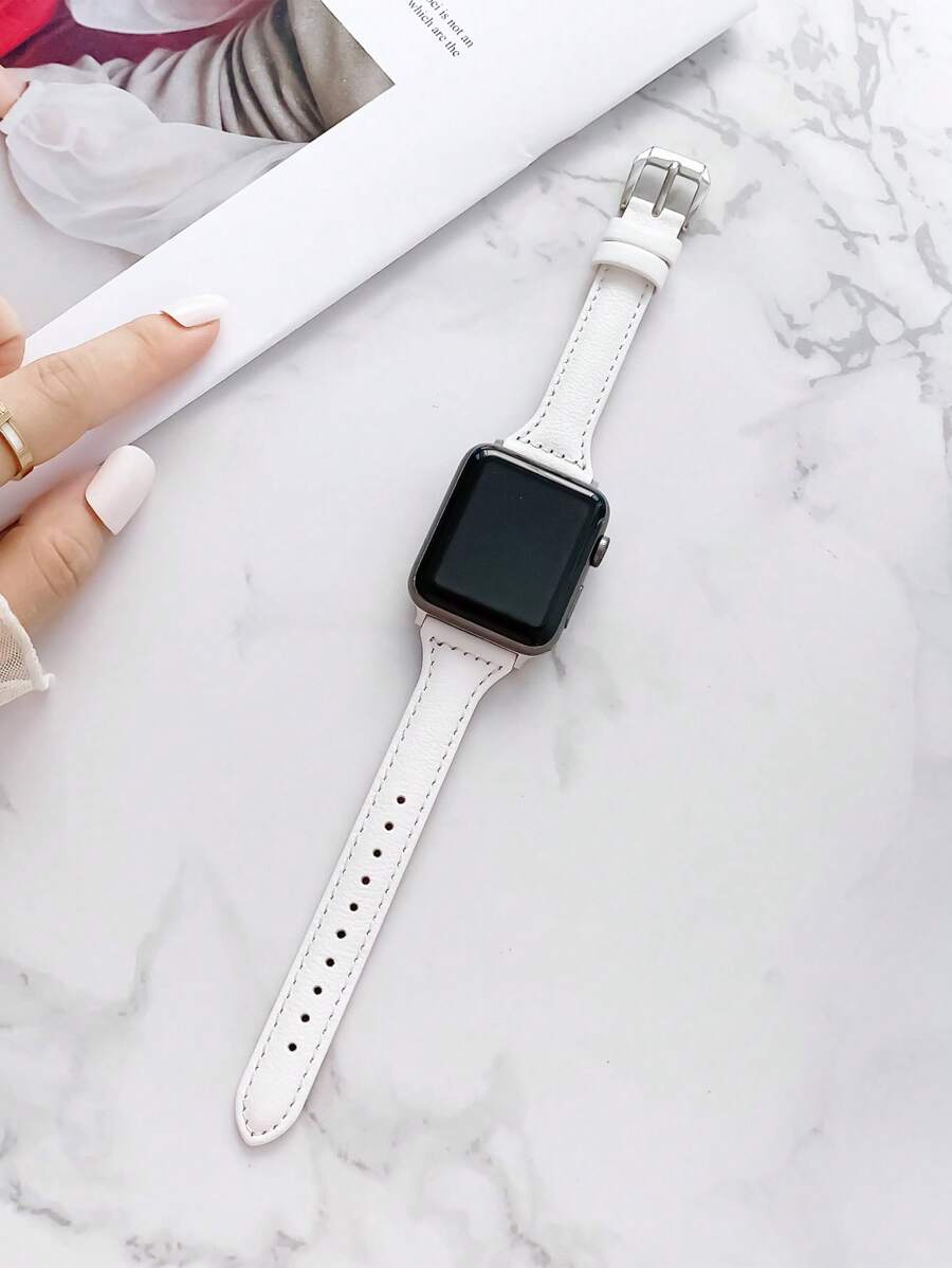 1入組針腳細節PU皮革錶帶適用於Apple Watch - 白色 - 查看 1