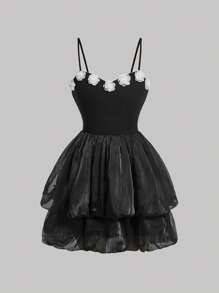 SHEIN MOD Đầm Đề can phân lớp Gân đan Hoa Dễ thương - màu đen - Xem 2
