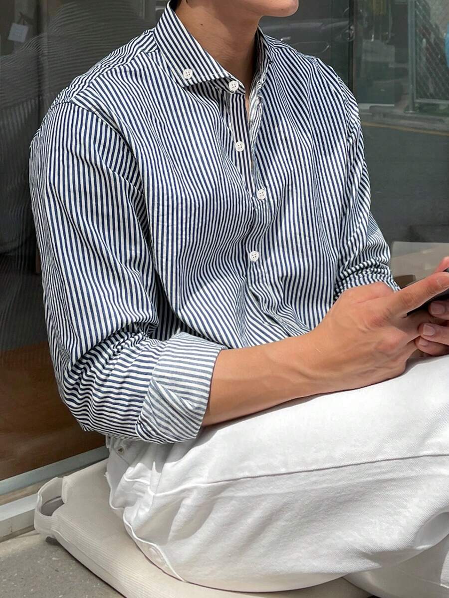 DAZY Men Cotton Striped Print Button Front Shirt,Fall Clothes Long Sleeve Men Shirt - Blue and White - View 1