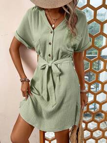 SHEIN LUNE Đầm Thắt lưng Túi Nút phía trước Tách cao màu trơn Giải trí - xanh quân đội - Xem 3