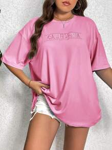 SHEIN Essnce Plus Letter Embroidery Drop Shoulder Tee - Pink - View 1