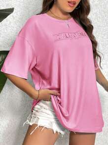 SHEIN Essnce Plus Letter Embroidery Drop Shoulder Tee - Pink - View 5