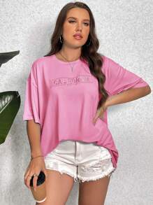 SHEIN Essnce Plus Letter Embroidery Drop Shoulder Tee - Pink - View 6