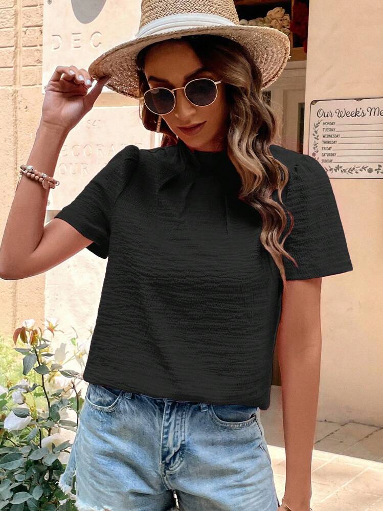 SHEIN Clasi Blouse Unicolore À Col Montant - Noir - Voir 3