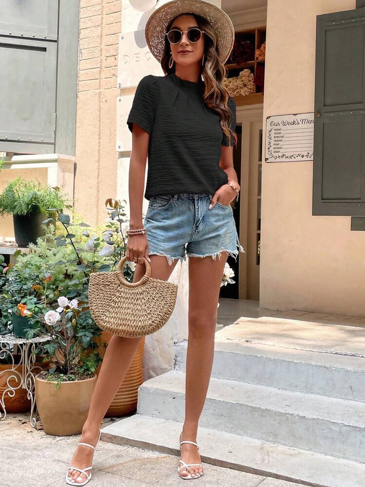 SHEIN Clasi Blouse Unicolore À Col Montant - Noir - Voir 5