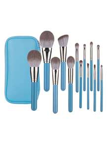 RANCAI 13pcs Makeup Brush Set, Grandma Gray Wooden Handle, High-End Cosmetic Tools, Including Eyeshadow Brush, Blush Brush, Foundation Brush, Powder Brush, Excluding Powder Compact - Blue - View 1