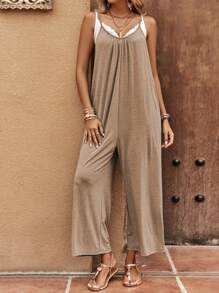 SHEIN LUNE Solid Wide Leg Cami Jumpsuit - Khaki - View 3