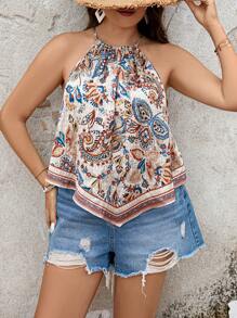 SHEIN VCAY Plus Paisley Print Tie Backless Halter Top - Multicolor - View 1