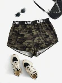 SHEIN EZwear Quần Short kích thước lớn Ruy băng Lá thư Ngụy trang Giải trí - Nhiều màu - Xem 1