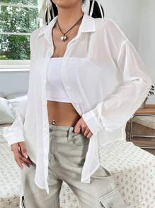 SHEIN EZwear Solid Button Front Drop Shoulder Shirt Without Cami - White - View 3