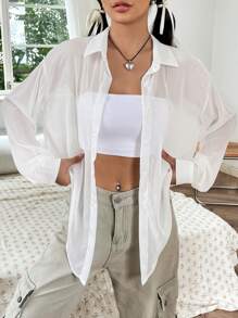 SHEIN EZwear Solid Button Front Drop Shoulder Shirt Without Cami - White - View 4
