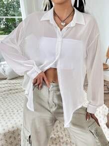 SHEIN EZwear Solid Button Front Drop Shoulder Shirt Without Cami - White - View 5