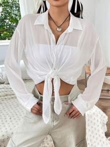 SHEIN EZwear Solid Button Front Drop Shoulder Shirt Without Cami - White - View 6