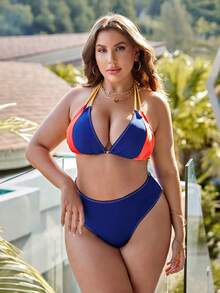 Plus Size Color Block Halter Triangle Bikini Set Summer Beach