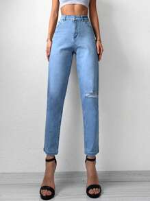 Cottnline High Waist Ripped Mom Fit Jeans - Rửa nhẹ - Xem 1