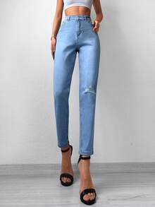 Cottnline High Waist Ripped Mom Fit Jeans - Rửa nhẹ - Xem 5