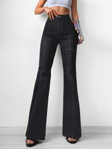 RueChic High Waist Flare Leg Jeans - Black - View 1