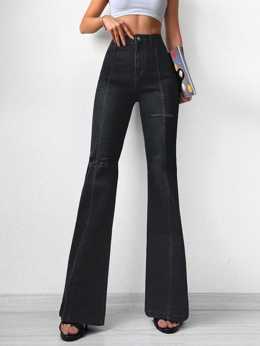 RueChic High Waist Flare Leg Jeans - Black - View 1