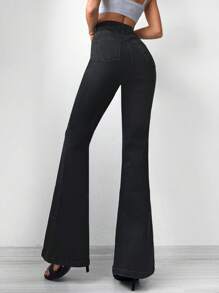 RueChic High Waist Flare Leg Jeans - Black - View 2