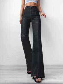 RueChic High Waist Flare Leg Jeans - Black - View 5