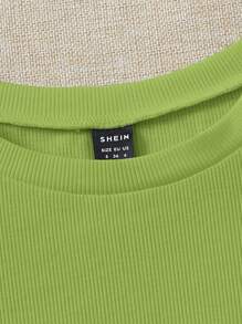 Soleia 休閒揉皺 羅紋針織純色女士T恤 - 青檸色 - 查看 5