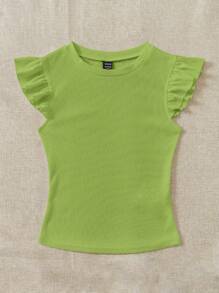 Soleia 休閒揉皺 羅紋針織純色女士T恤 - 青檸色 - 查看 6