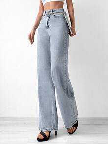 Cottnline High Waist Wide Leg Jeans - Light Wash - View 4