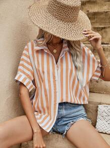 SHEIN VCAY Áo sơ mi nữ Nút phía trước Sọc Giải trí - Màu vàng - Xem 1