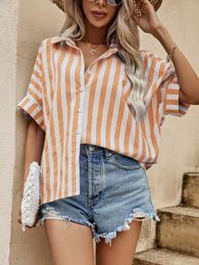 SHEIN VCAY Áo sơ mi nữ Nút phía trước Sọc Giải trí - Màu vàng - Xem 4