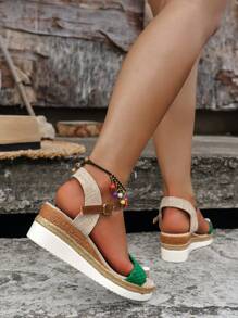 Phụ nữ bện chi tiết dây đeo mắt cá chân dép nêm, dép đi nghỉ - màu xanh lá - Xem 2
