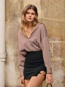 SHEIN Frenchy Solid Drop Shoulder Button Front Shirt - Apricot - View 2