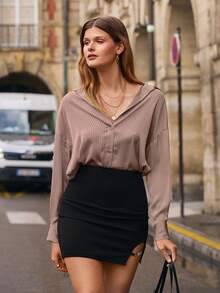 SHEIN Frenchy Solid Drop Shoulder Button Front Shirt - Apricot - View 3