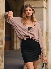 SHEIN Frenchy Solid Drop Shoulder Button Front Shirt - Apricot - View 4