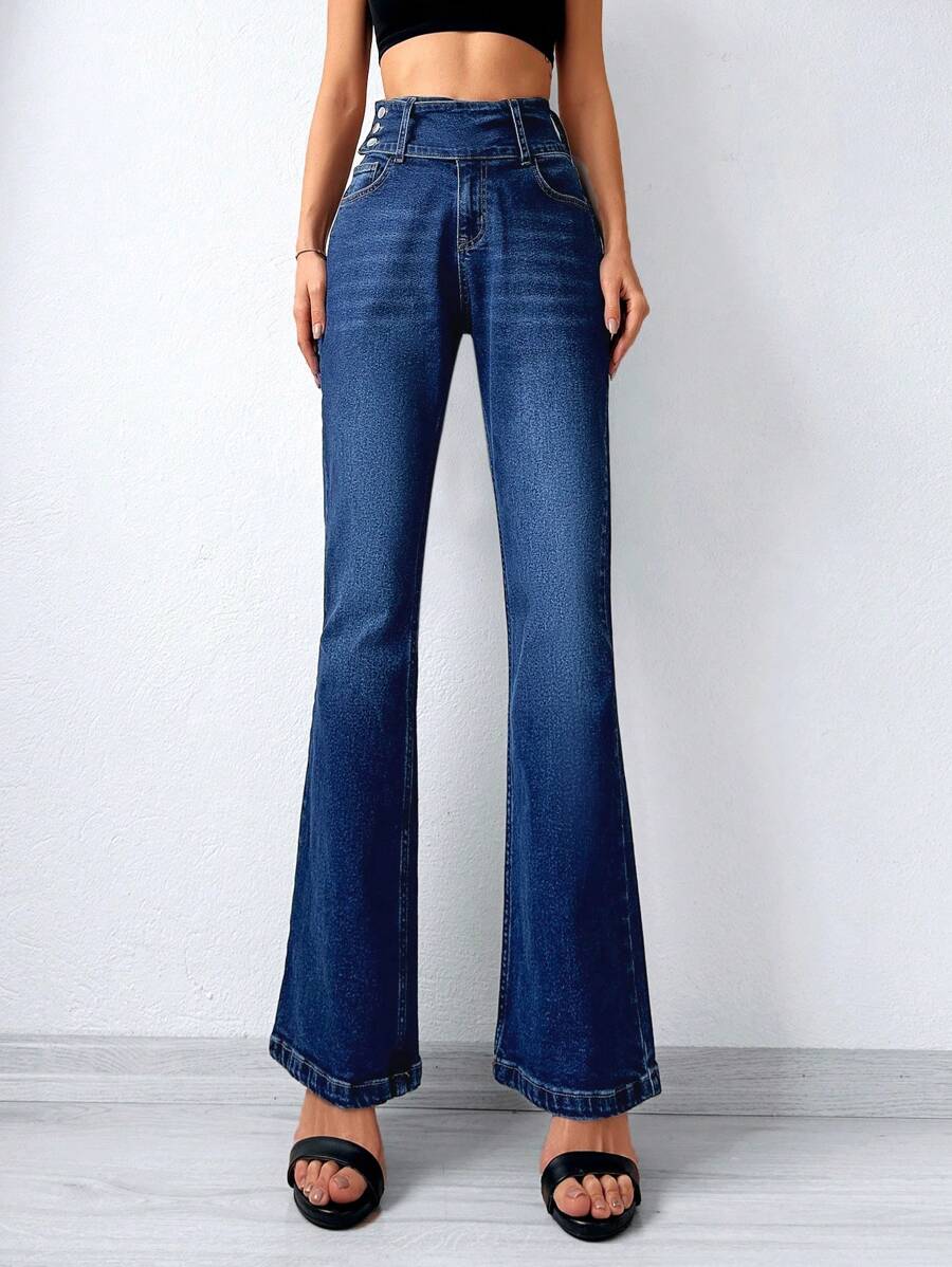 RueChic High Waist Flare Leg Jeans - Dark Wash - View 1