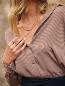 SHEIN Frenchy Solid Drop Shoulder Button Front Shirt - Apricot - View 6