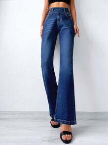 RueChic High Waist Flare Leg Jeans - Dark Wash - View 3