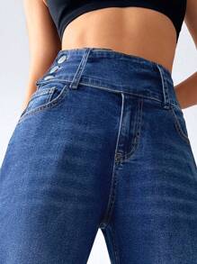 RueChic High Waist Flare Leg Jeans - Dark Wash - View 5