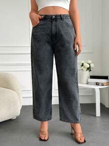 RueChic Plus High Waist Straight Leg Jeans - Dark Grey - View 1