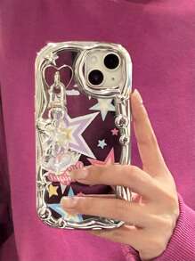 Star Pattern Phone Case With Heart & Bowknot Design Pendant Y2K Phone Case - Silver - View 2