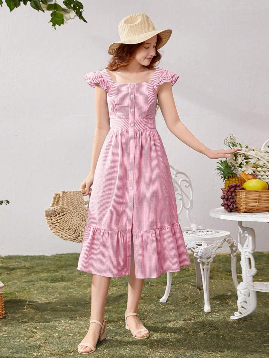 SHEIN 青少年女孩荷葉邊前紐扣連衣裙 - 淺粉色 - 查看 1