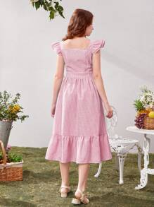 SHEIN 青少年女孩荷葉邊前紐扣連衣裙 - 淺粉色 - 查看 2