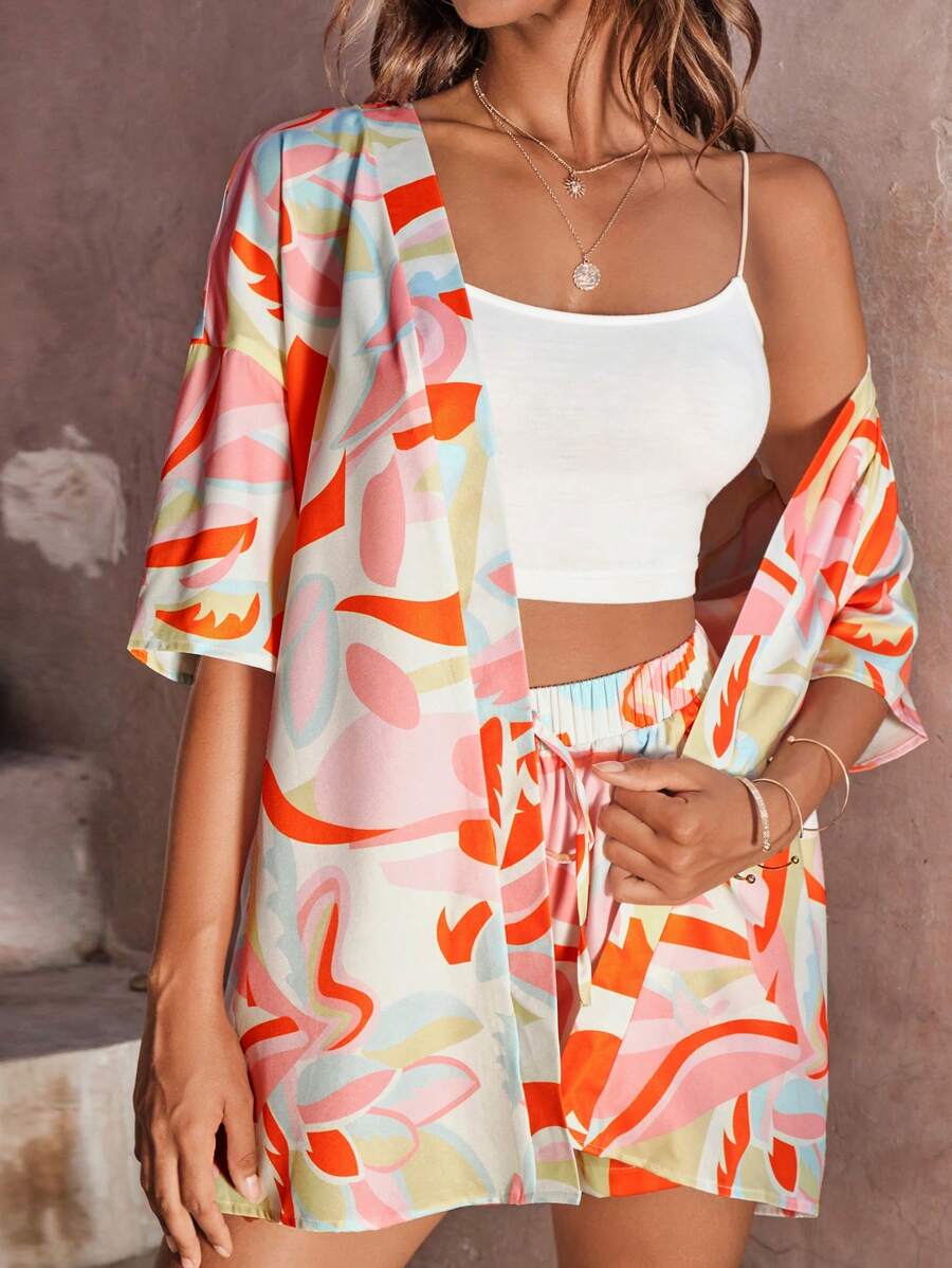 SHEIN VCAY Allover Print Drop Shoulder Kimono & Tie Front Shorts - Multicolor - View 1
