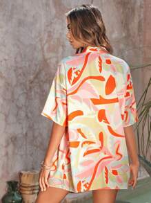 SHEIN VCAY Allover Print Drop Shoulder Kimono & Tie Front Shorts - Multicolor - View 2